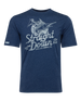 Marlin Rodeo Graphic Tee in New Indigo, flat lay front view featuring a heathered navy short-sleeve crewneck tee with a vintage-style graphic of a golfer riding a leaping marlin