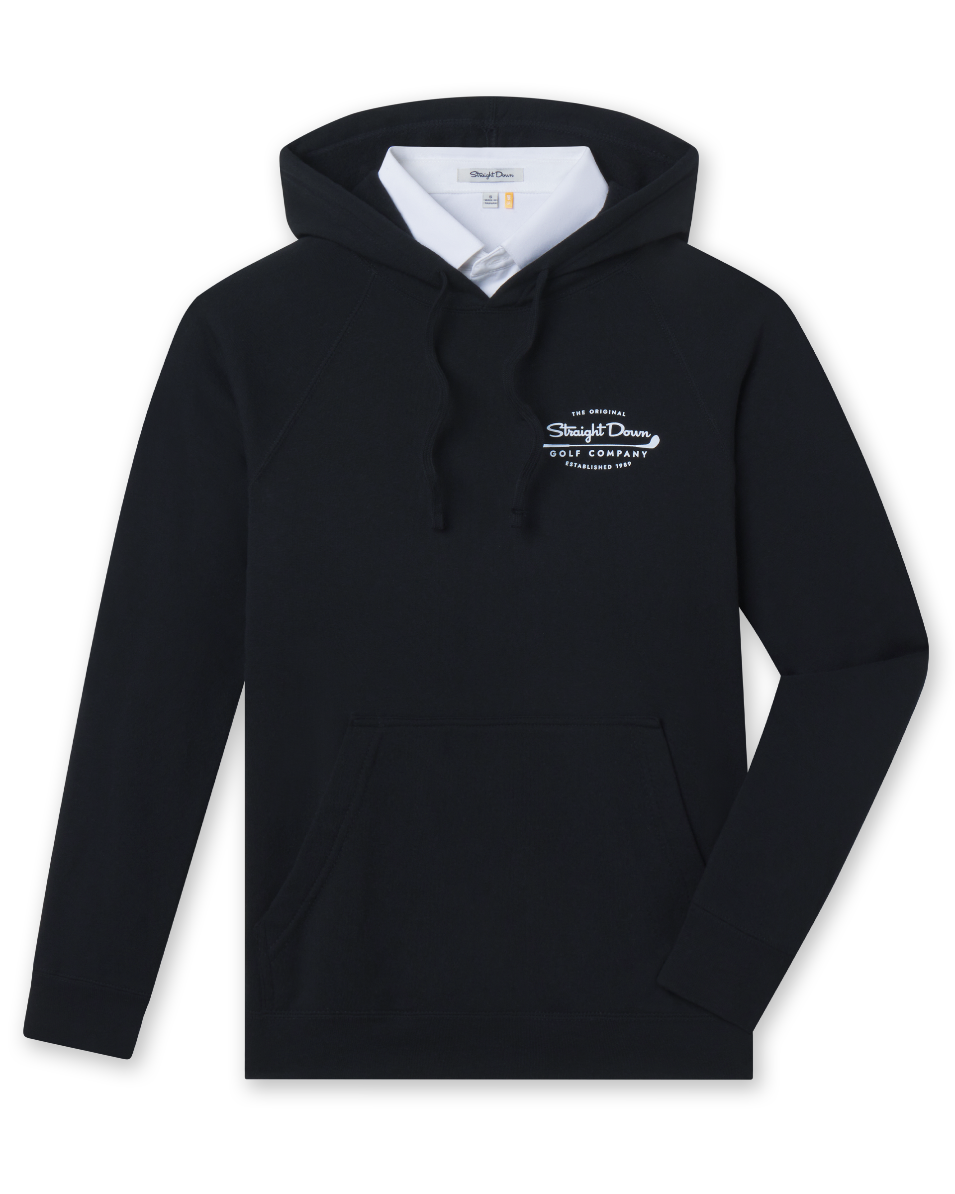 Club Pro Hoodie in Black, flat lay front view featuring a black pullover hoodie with the Straight Down Golf Company 