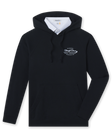 Club Pro Hoodie in Black, flat lay front view featuring a black pullover hoodie with the Straight Down Golf Company "Established 1989" logo on the left chest and kangaroo pocket