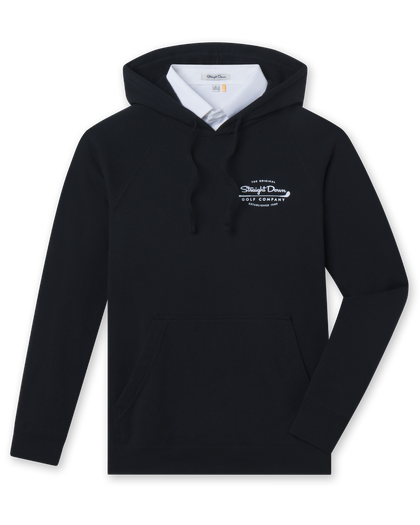 Club Pro Hoodie in Black, flat lay front view featuring a black pullover hoodie with the Straight Down Golf Company "Established 1989" logo on the left chest and kangaroo pocket