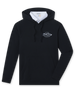 Club Pro Hoodie in Black, flat lay front view featuring a black pullover hoodie with the Straight Down Golf Company "Established 1989" logo on the left chest and kangaroo pocket