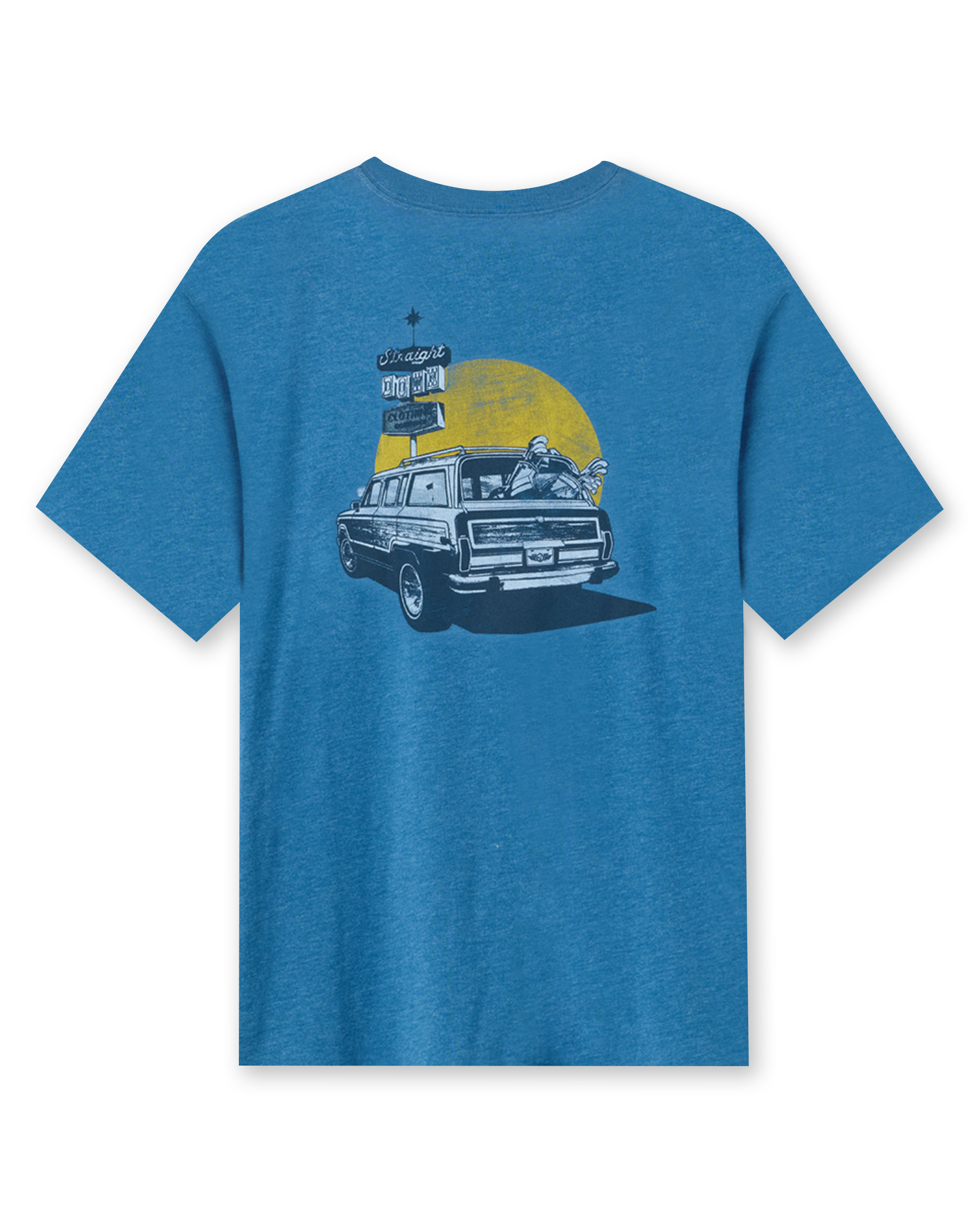 Vegas Vacation Graphic Tee in Petrol, flat lay back view featuring a heathered blue short-sleeve crewneck tee with a vintage-style graphic of a classic woody wagon loaded with golf clubs in front of a golden sun and retro roadside