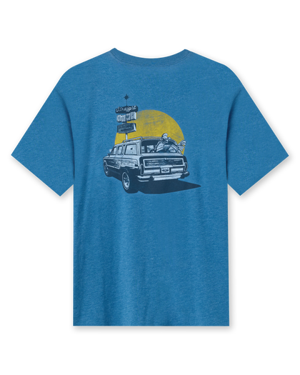 Vegas Vacation Graphic Tee in Petrol, flat lay back view featuring a heathered blue short-sleeve crewneck tee with a vintage-style graphic of a classic woody wagon loaded with golf clubs in front of a golden sun and retro roadside