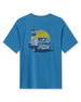 Vegas Vacation Graphic Tee in Petrol, flat lay back view featuring a heathered blue short-sleeve crewneck tee with a vintage-style graphic of a classic woody wagon loaded with golf clubs in front of a golden sun and retro roadside