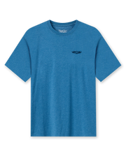 Vegas Vacation Graphic Tee in Petrol, flat lay front view featuring a heathered blue short-sleeve crewneck tee with a Straight Down logo at the left chest