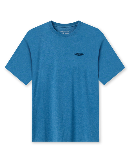 Vegas Vacation Graphic Tee in Petrol, flat lay front view featuring a heathered blue short-sleeve crewneck tee with a Straight Down logo at the left chest