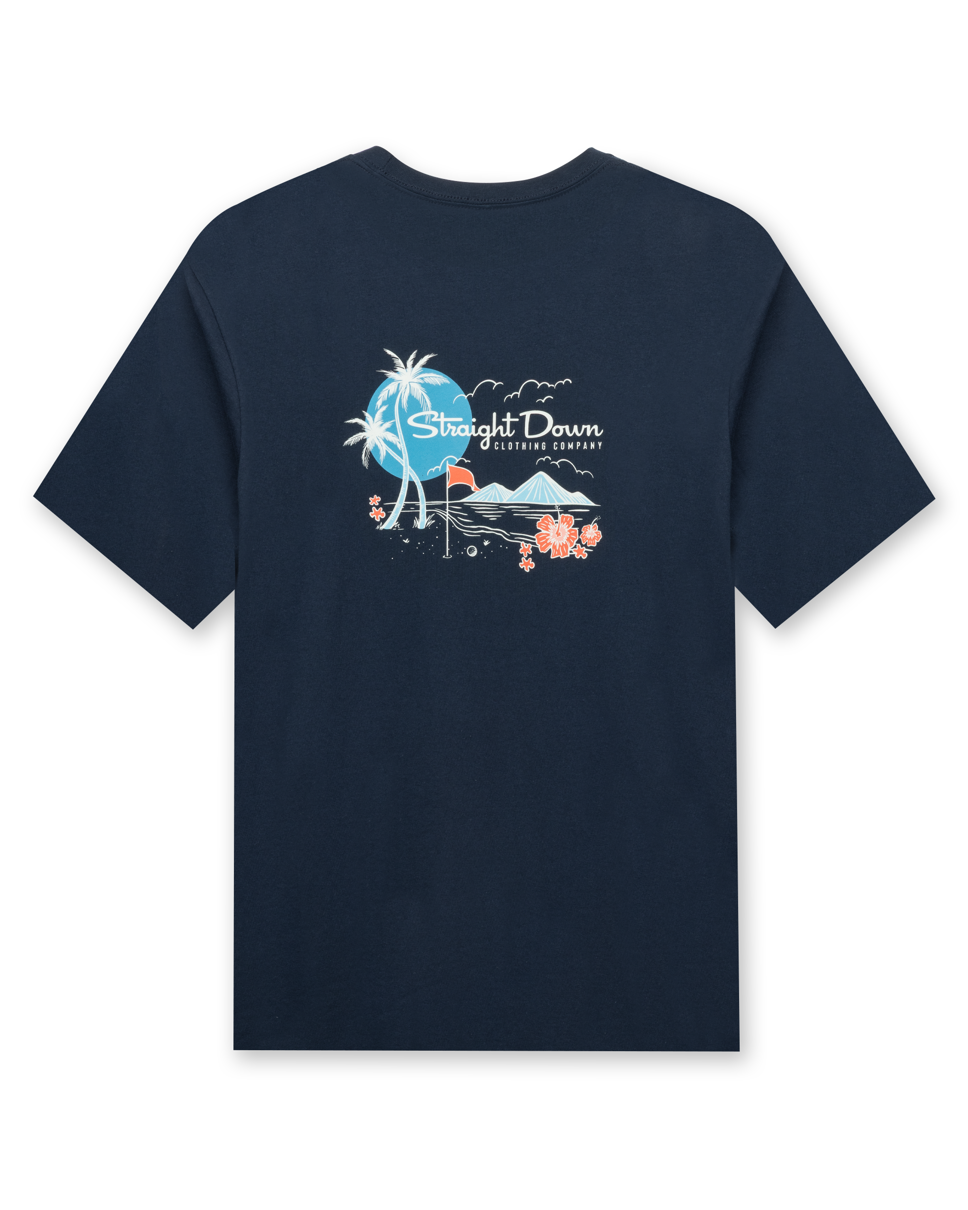 Men's Sand Trap Tee in Navy, flat lay back view featuring a navy crew neck tee with a large Straight Down Clothing Company beach scene graphic with palm trees, mountains, a golf flag, and hibiscus flowers in blue, white, and coral