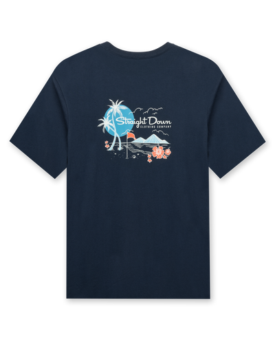 Men's Sand Trap Tee in Navy, flat lay back view featuring a navy crew neck tee with a large Straight Down Clothing Company beach scene graphic with palm trees, mountains, a golf flag, and hibiscus flowers in blue, white, and coral