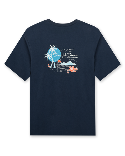 Men's Sand Trap Tee in Navy, flat lay back view featuring a navy crew neck tee with a large Straight Down Clothing Company beach scene graphic with palm trees, mountains, a golf flag, and hibiscus flowers in blue, white, and coral