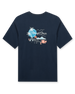 Men's Sand Trap Tee in Navy, flat lay back view featuring a navy crew neck tee with a large Straight Down Clothing Company beach scene graphic with palm trees, mountains, a golf flag, and hibiscus flowers in blue, white, and coral
