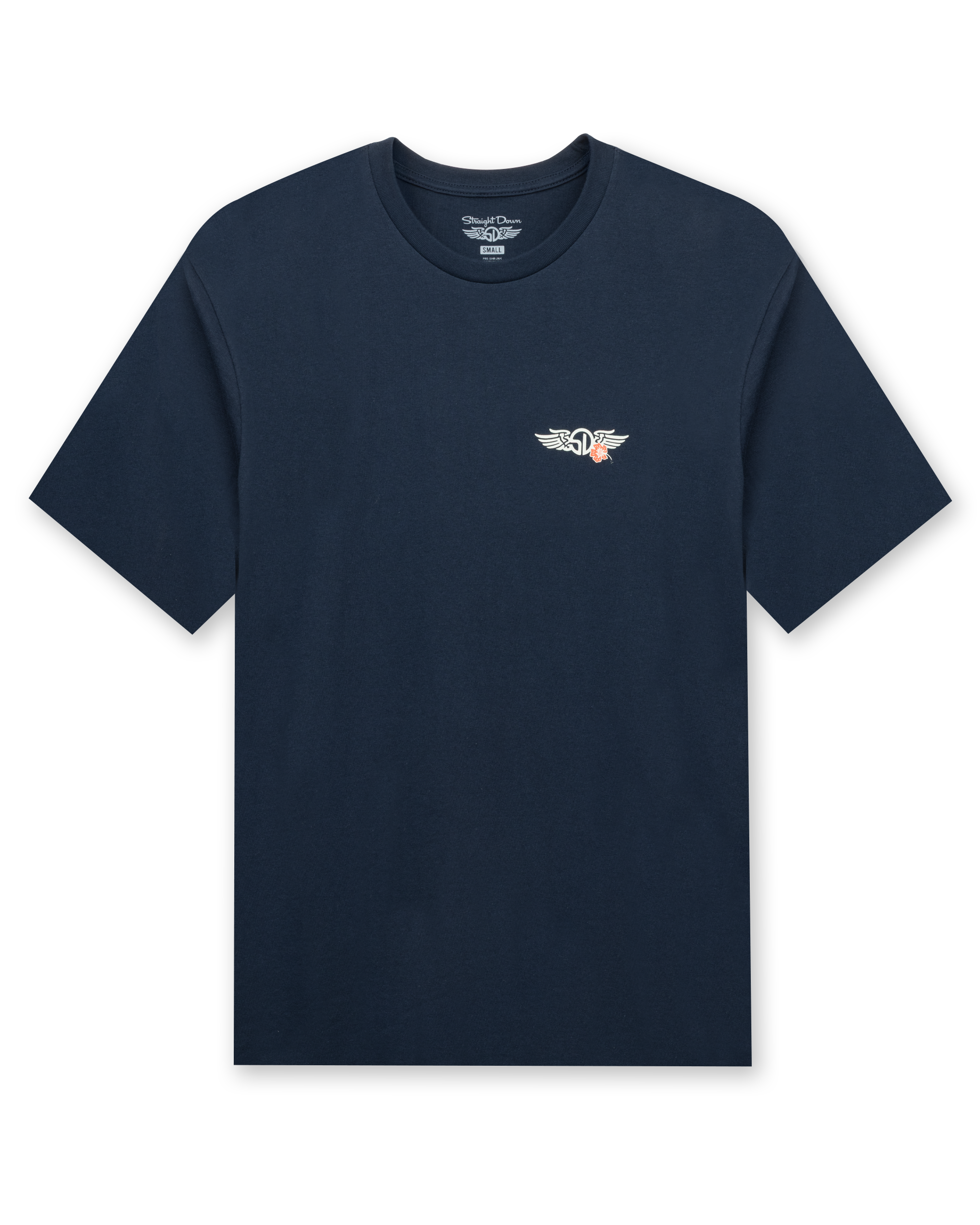 Men's Sand Trap Tee in Navy, flat lay front view featuring a navy crew neck tee with a small Straight Down logo graphic on the left chest