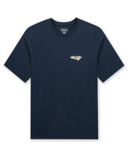 Men's Sand Trap Tee in Navy, flat lay front view featuring a navy crew neck tee with a small Straight Down logo graphic on the left chest