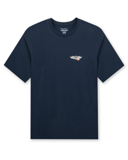 Men's Sand Trap Tee in Navy, flat lay front view featuring a navy crew neck tee with a small Straight Down logo graphic on the left chest