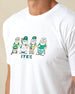 Men's IYKYK Tee in White, close-up front view on model highlighting the four golf gnome characters in green and gold with IYKYK text below