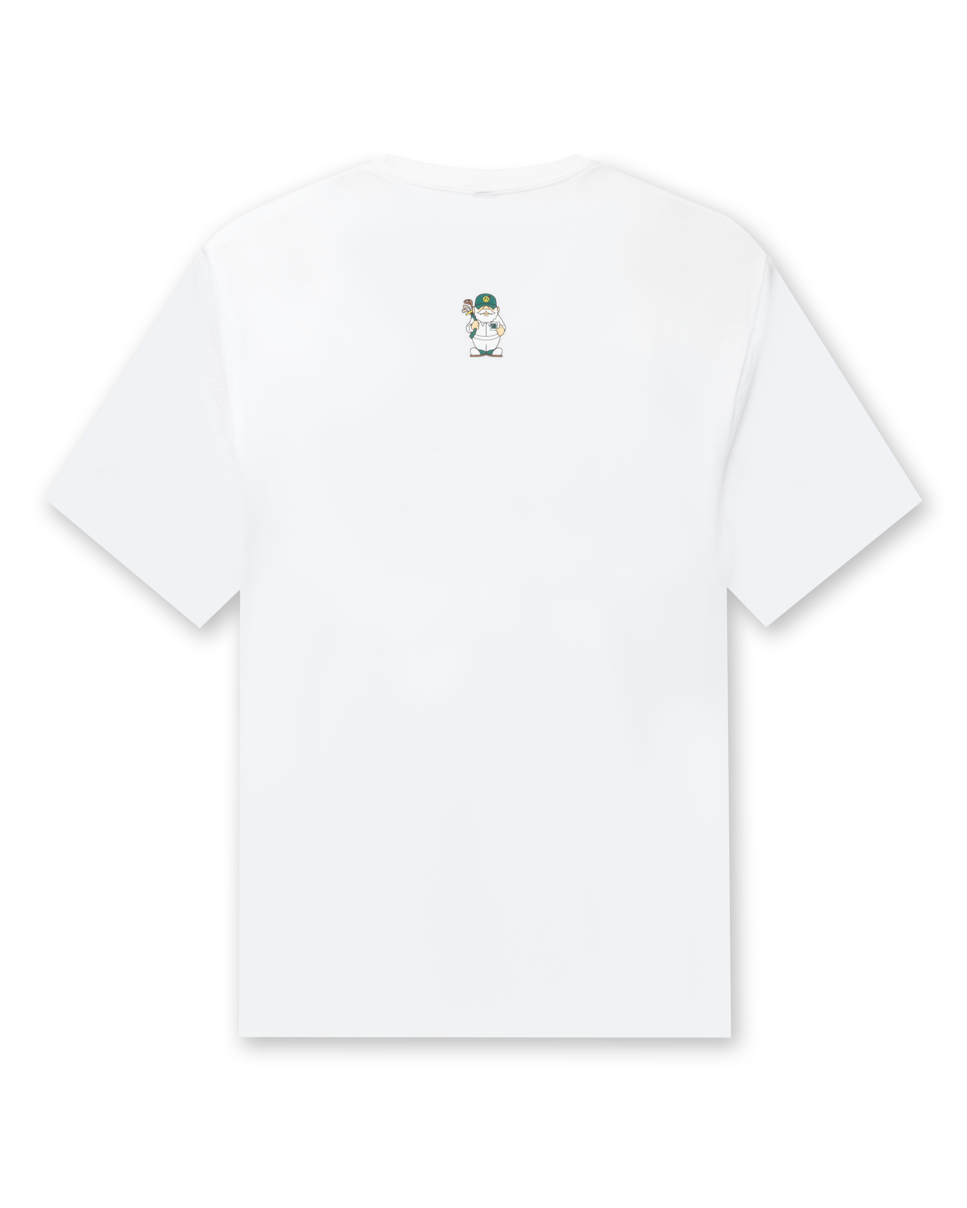 A white short-sleeve t-shirt shown from the back, featuring a small illustration of a golfing gnome on the upper center back.