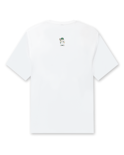 A white short-sleeve t-shirt shown from the back, featuring a small illustration of a golfing gnome on the upper center back.