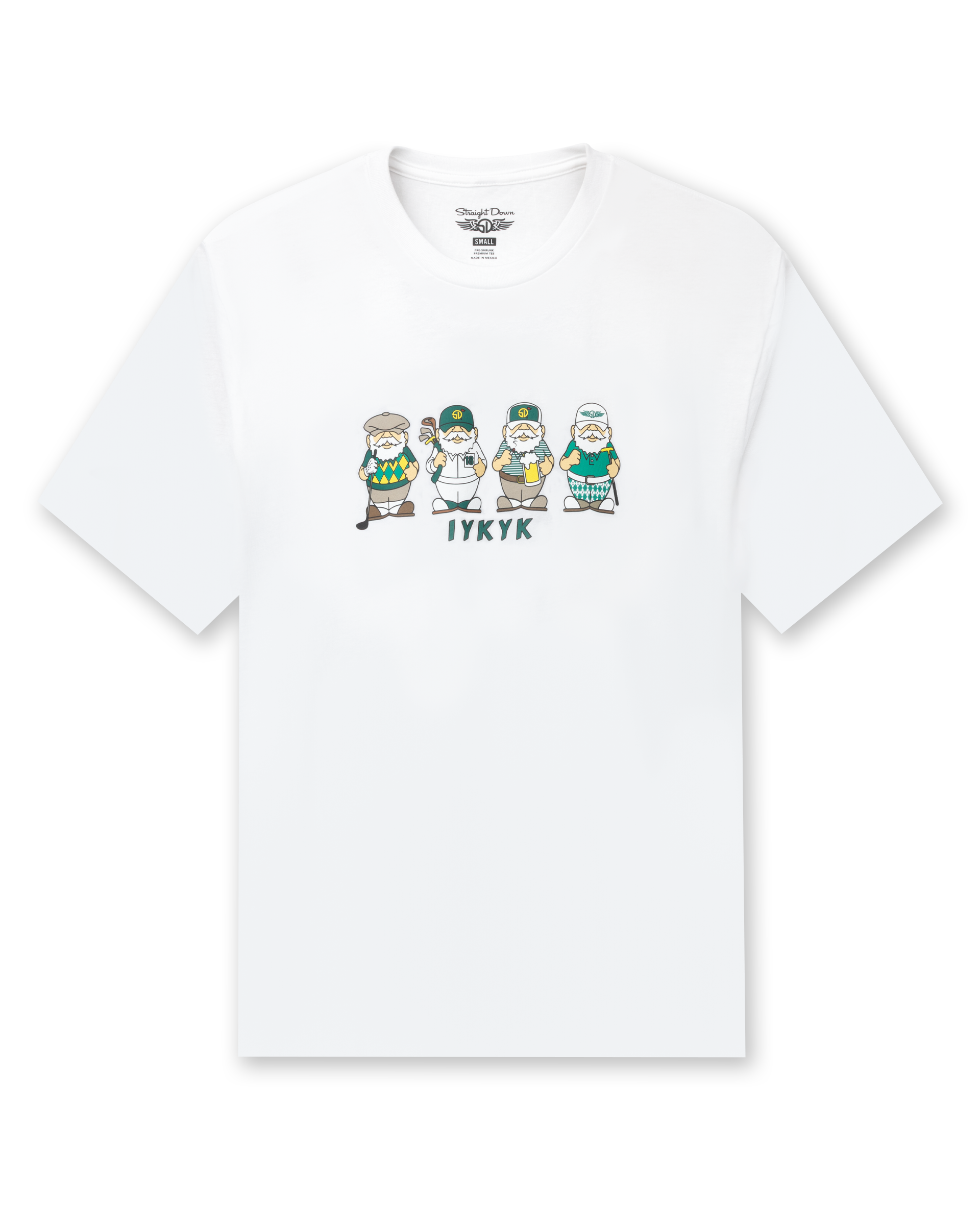 A white short-sleeve t-shirt featuring a illustration of four golfing gnomes and  with the word 'IYKYK' printed beneath them.