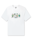 A white short-sleeve t-shirt featuring a illustration of four golfing gnomes and  with the word 'IYKYK' printed beneath them.