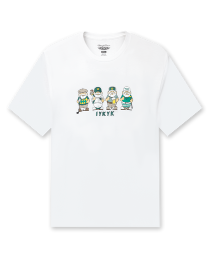 A white short-sleeve t-shirt featuring a illustration of four golfing gnomes and  with the word 'IYKYK' printed beneath them.
