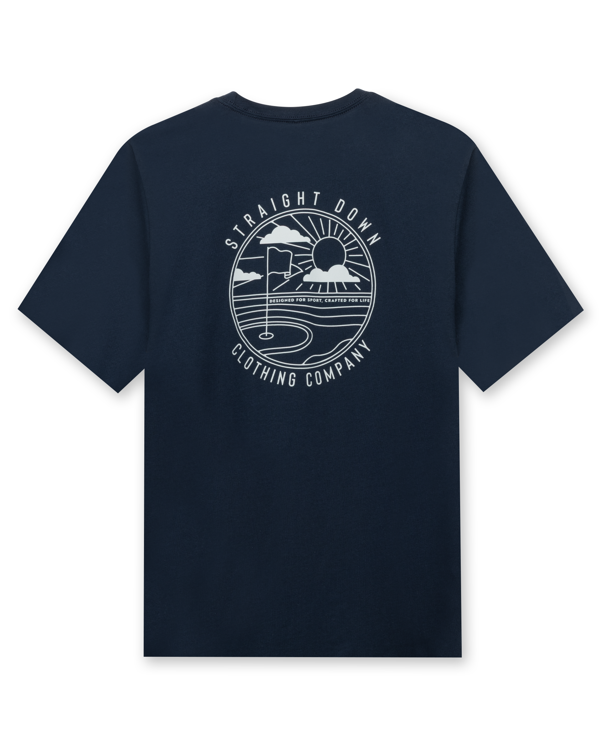 Back view of en’s navy t-shirt with large golf-inspired graphic