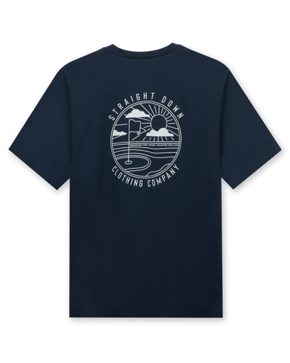 Back view of en’s navy t-shirt with large golf-inspired graphic