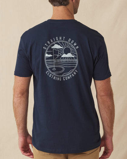 Back graphic of navy t-shirt with large golf course and sun logo design