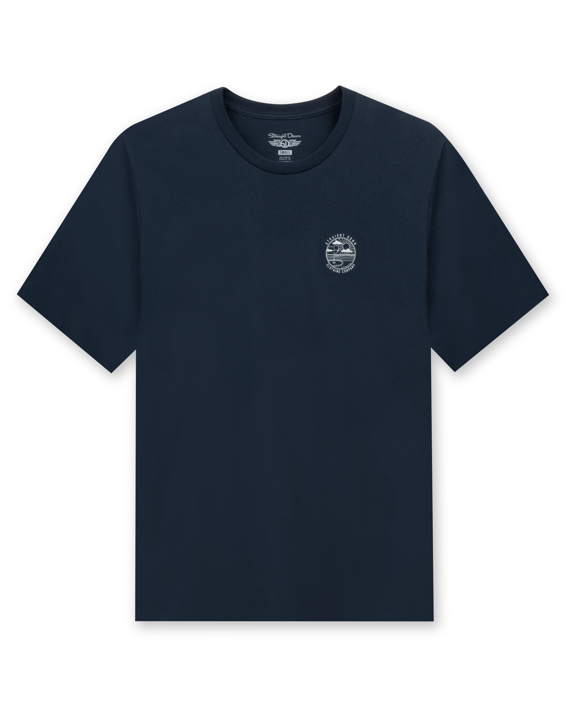 Men’s navy crewneck t-shirt with small chest logo graphic