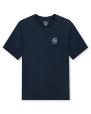 Men’s navy crewneck t-shirt with small chest logo graphic