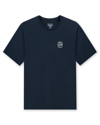 Men’s navy crewneck t-shirt with small chest logo graphic