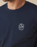 Close-up of navy t-shirt with Straight Down golf logo graphic on chest
