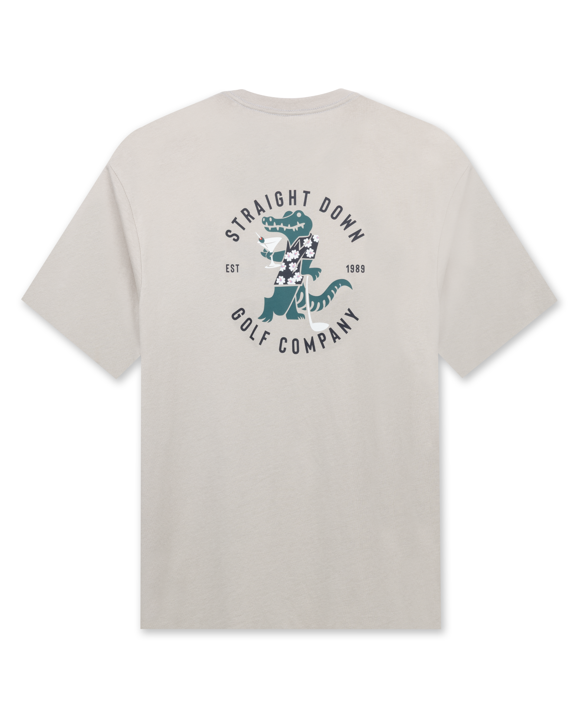 Men's Alligator Alley Tee in Light Grey, flat lay back view featuring a light grey short sleeve crewneck tee with the large Straight Down Golf Company Est. 1989 alligator graphic on the back