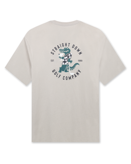 Men's Alligator Alley Tee in Light Grey, flat lay back view featuring a light grey short sleeve crewneck tee with the large Straight Down Golf Company Est. 1989 alligator graphic on the back