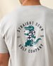 Men's Alligator Alley Tee in Light Grey, close-up back model view featuring the large Straight Down Golf Company Est. 1989 alligator graphic detail