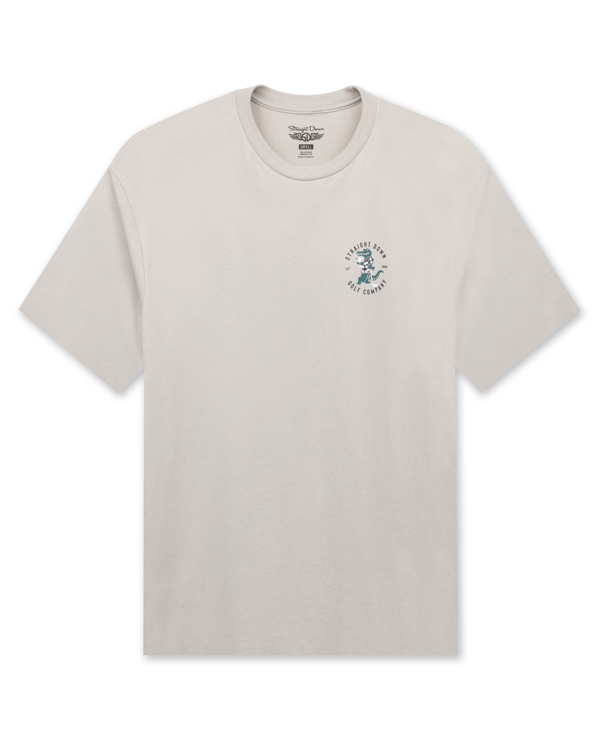 Men's Alligator Alley Tee in Light Grey, flat lay front view featuring a light grey short sleeve crewneck tee with the Straight Down Golf Company Est. 1989 alligator graphic on the left chest