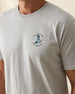 Men's Alligator Alley Tee in Light Grey, close-up model view featuring the Straight Down Golf Company Est. 1989 alligator graphic on the left chest