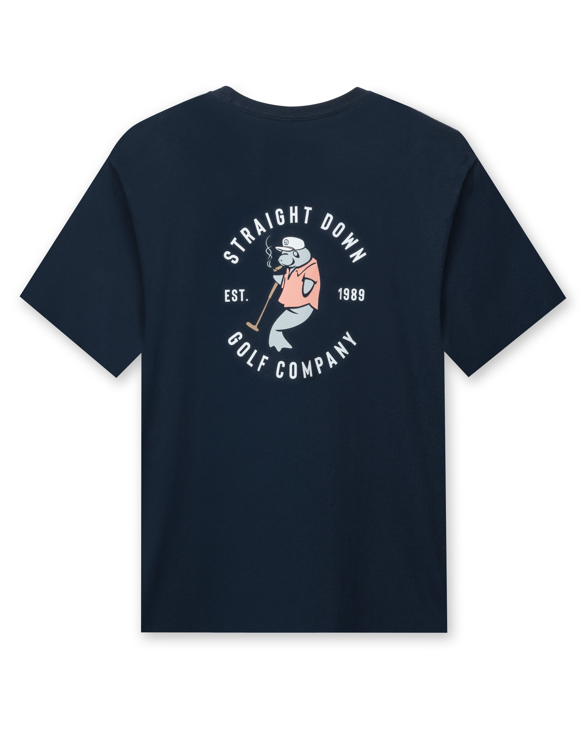 Straight Down Mana-Tee in Navy, flat lay back view featuring a large circular Straight Down Golf Company Est. 1989 graphic with cigar-smoking manatee character holding a golf club