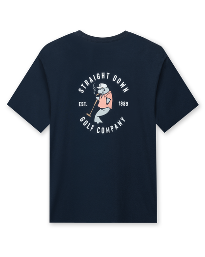 Straight Down Mana-Tee in Navy, flat lay back view featuring a large circular Straight Down Golf Company Est. 1989 graphic with cigar-smoking manatee character holding a golf club