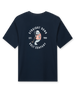 Straight Down Mana-Tee in Navy, flat lay back view featuring a large circular Straight Down Golf Company Est. 1989 graphic with cigar-smoking manatee character holding a golf club