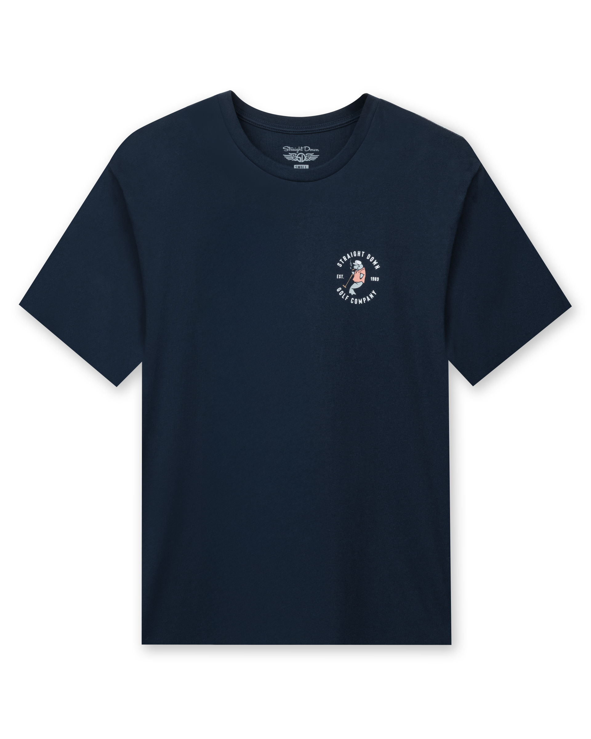 Straight Down Mana-Tee in Navy, flat lay front view featuring a small circular Straight Down Golf Company Est. 1989 graphic with manatee character on left chest