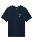 Straight Down Mana-Tee in Navy, flat lay front view featuring a small circular Straight Down Golf Company Est. 1989 graphic with manatee character on left chest