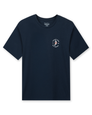 Straight Down Mana-Tee in Navy, flat lay front view featuring a small circular Straight Down Golf Company Est. 1989 graphic with manatee character on left chest
