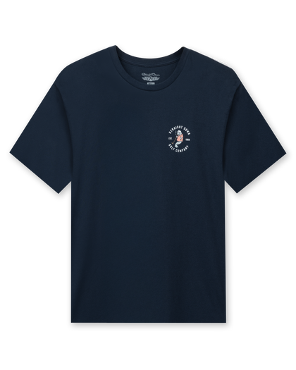 Straight Down Mana-Tee in Navy, flat lay front view featuring a small circular Straight Down Golf Company Est. 1989 graphic with manatee character on left chest