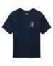 Straight Down Mana-Tee in Navy, flat lay front view featuring a small circular Straight Down Golf Company Est. 1989 graphic with manatee character on left chest
