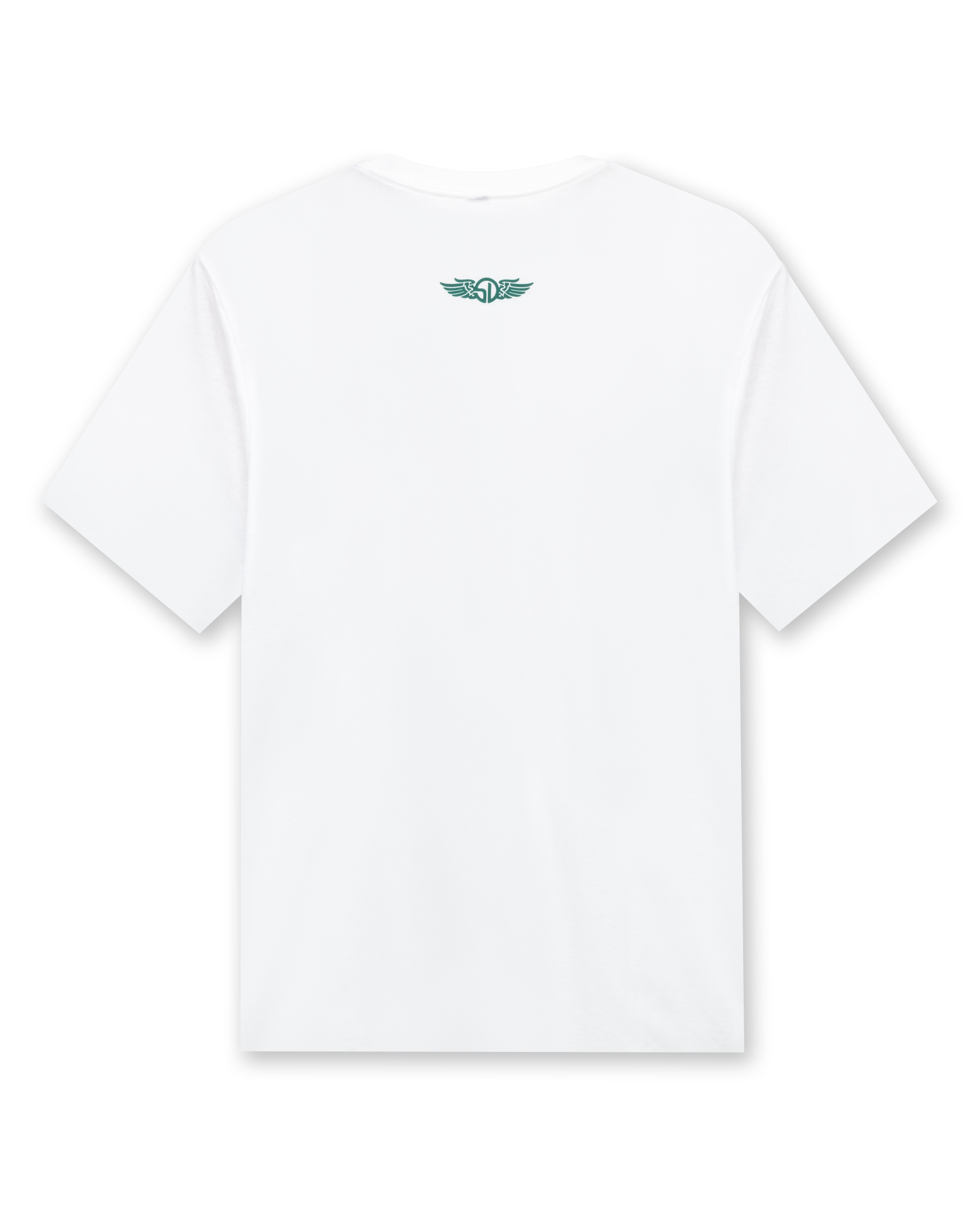 Men's Munch Tee in White, flat lay back view featuring a white base with a small Straight Down logo at upper back