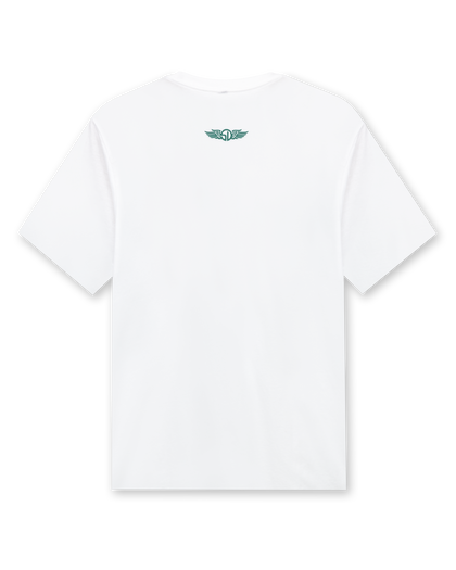 Men's Munch Tee in White, flat lay back view featuring a white base with a small Straight Down logo at upper back