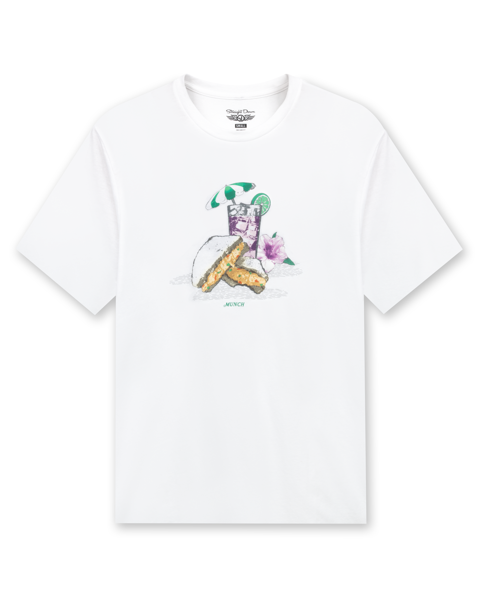 Men's Munch Tee in White, flat lay front view featuring a white base with a pimento cheese sandwich and iced drink graphic with MUNCH text on the chest