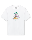 Men's Munch Tee in White, flat lay front view featuring a white base with a pimento cheese sandwich and iced drink graphic with MUNCH text on the chest