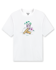 Men's Munch Tee in White, flat lay front view featuring a white base with a pimento cheese sandwich and iced drink graphic with MUNCH text on the chest