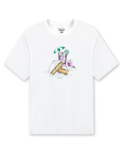 Men's Munch Tee in White, flat lay front view featuring a white base with a pimento cheese sandwich and iced drink graphic with MUNCH text on the chest