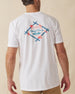 Men's Island Time Tee in White, back view on model featuring a Straight Down Livin' On Island Time Since 1989 Hawai'i graphic with a bamboo diamond frame and coral flowers in blue and coral